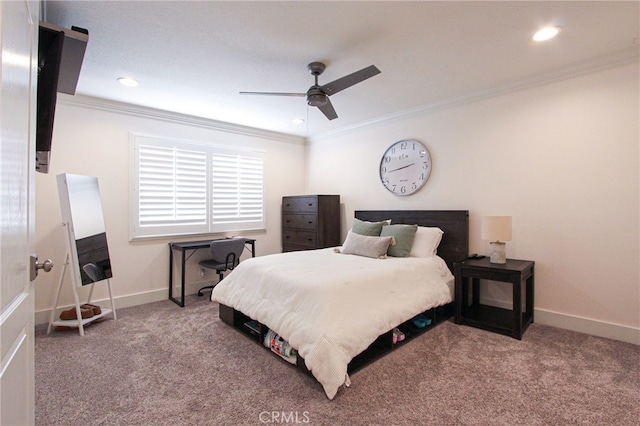 4374 Mahogany Cir, Yorba Linda, CA 92886 - carpeted bedroom with ornamental molding, baseboards, recessed lighting, and ceiling fan