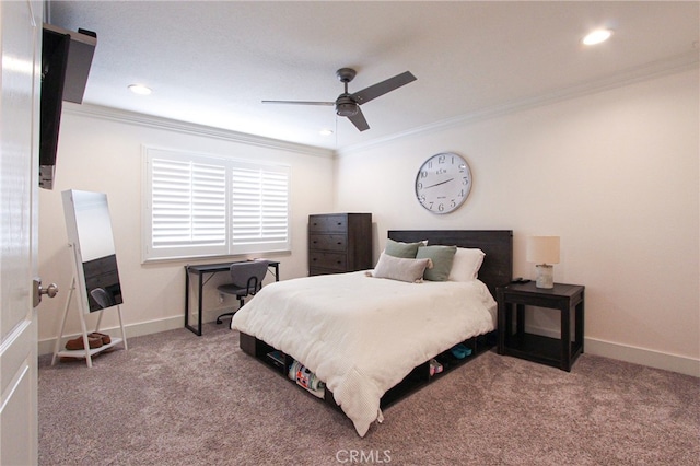 4374 Mahogany Cir, Yorba Linda, CA 92886 - bedroom featuring ornamental molding, carpet floors, recessed lighting, and ceiling fan