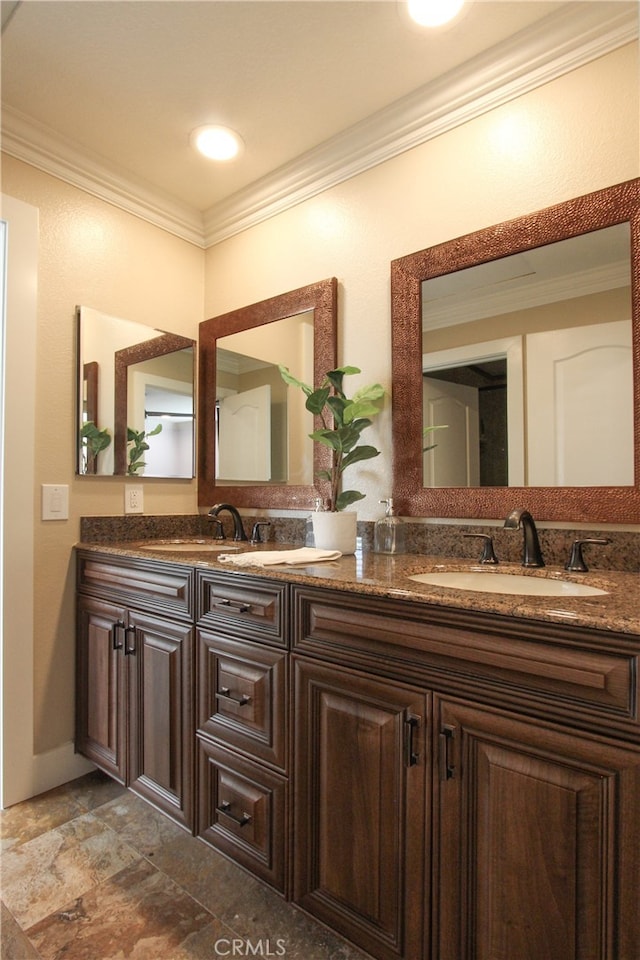 4374 Mahogany Cir, Yorba Linda, CA 92886 - bathroom with double vanity, crown molding, and stone finish floors