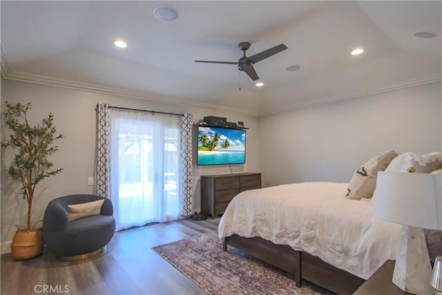 4374 Mahogany Cir, Yorba Linda, CA 92886 - bedroom featuring wood finished floors, crown molding, a ceiling fan, and recessed lighting