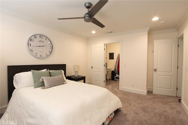 4374 Mahogany Cir, Yorba Linda, CA 92886 - bedroom featuring light colored carpet, ornamental molding, baseboards, recessed lighting, and ceiling fan