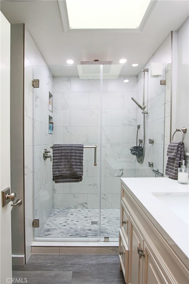 4374 Mahogany Cir, Yorba Linda, CA 92886 - full bathroom featuring recessed lighting, a stall shower, wood finished floors, and vanity