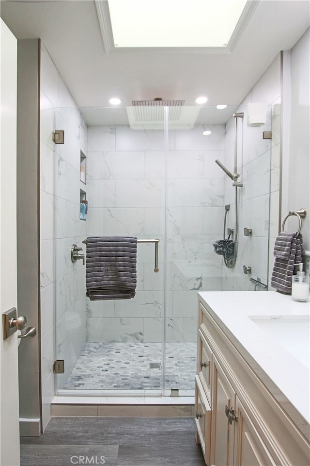4374 Mahogany Cir, Yorba Linda, CA 92886 - full bathroom with recessed lighting, a stall shower, vanity, and wood finished floors
