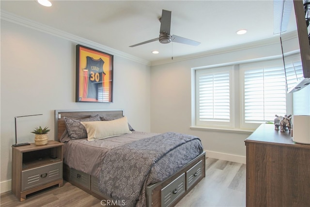 4374 Mahogany Cir, Yorba Linda, CA 92886 - bedroom with light wood-style floors, baseboards, crown molding, recessed lighting, and a ceiling fan