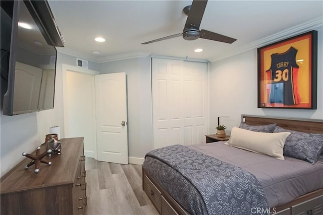 4374 Mahogany Cir, Yorba Linda, CA 92886 - bedroom with light wood-style floors, recessed lighting, ornamental molding, a closet, and ceiling fan