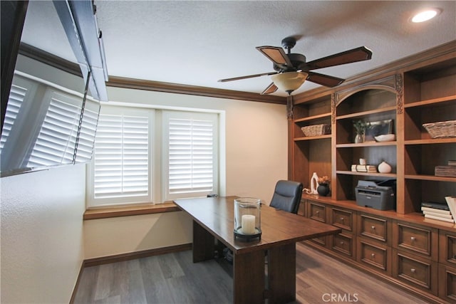 4374 Mahogany Cir, Yorba Linda, CA 92886 - office with ceiling fan, wood finished floors, ornamental molding, and a textured ceiling