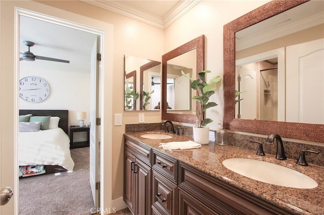 4374 Mahogany Cir, Yorba Linda, CA 92886 - bathroom with double vanity, ornamental molding, and ceiling fan