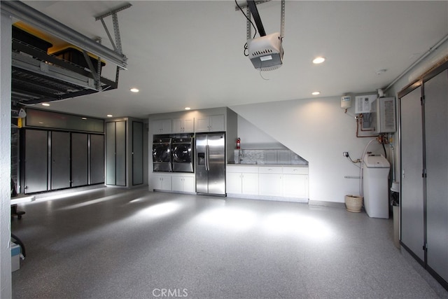 4374 Mahogany Cir, Yorba Linda, CA 92886 - garage with stainless steel fridge, independent washer and dryer, a garage door opener, and recessed lighting