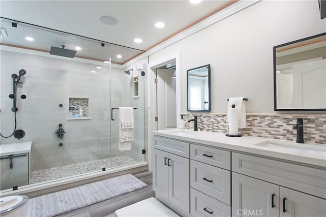 4374 Mahogany Cir, Yorba Linda, CA 92886 - full bath with a stall shower, double vanity, decorative backsplash, wood finished floors, and recessed lighting