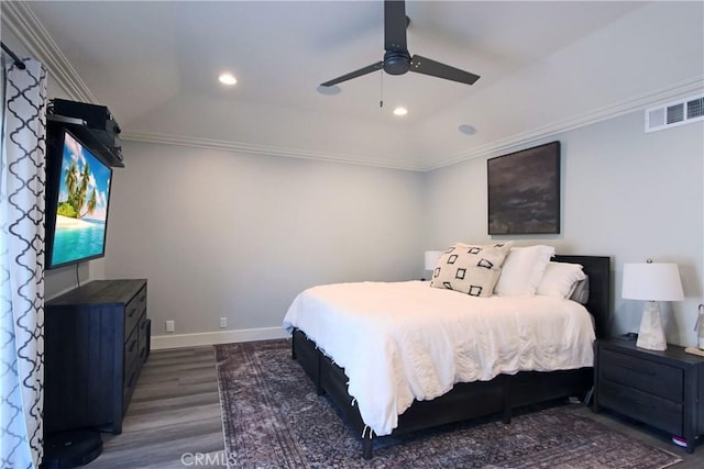4374 Mahogany Cir, Yorba Linda, CA 92886 - bedroom featuring wood finished floors, recessed lighting, crown molding, and ceiling fan
