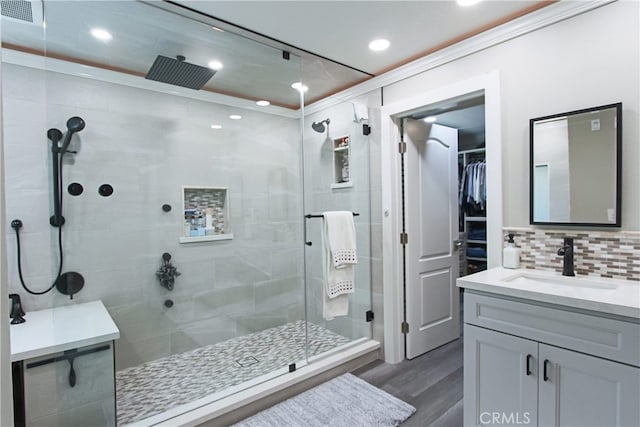 4374 Mahogany Cir, Yorba Linda, CA 92886 - full bathroom with a shower stall, vanity, recessed lighting, wood finished floors, and backsplash