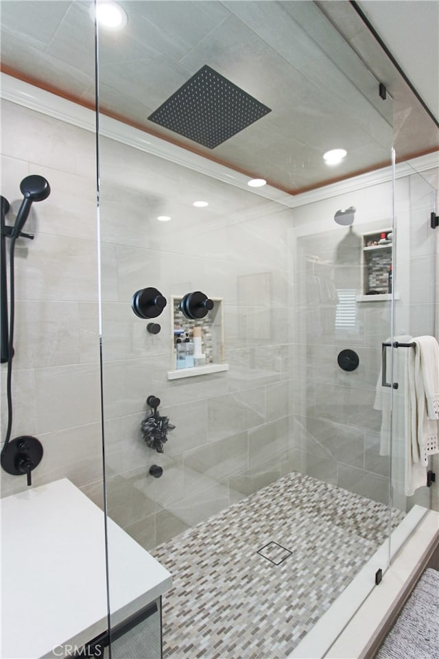 4374 Mahogany Cir, Yorba Linda, CA 92886 - full bathroom with crown molding, a stall shower, and recessed lighting