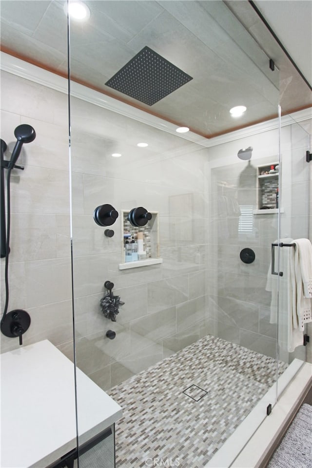 4374 Mahogany Cir, Yorba Linda, CA 92886 - full bath featuring crown molding, a stall shower, and recessed lighting