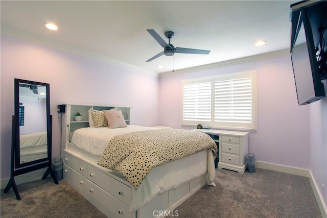 4374 Mahogany Cir, Yorba Linda, CA 92886 - bedroom with crown molding, baseboards, dark colored carpet, recessed lighting, and a ceiling fan
