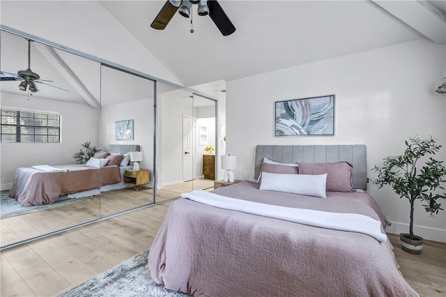 2633 Monte Carlo Unit 41, Santa Ana, CA 92706 - bedroom featuring wood finished floors, a closet, ceiling fan, high vaulted ceiling, and baseboards