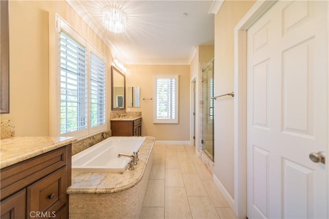 43 Lupari, Irvine, CA 92618 - full bathroom with a shower stall, vanity, ornamental molding, a bath, and tile patterned floors