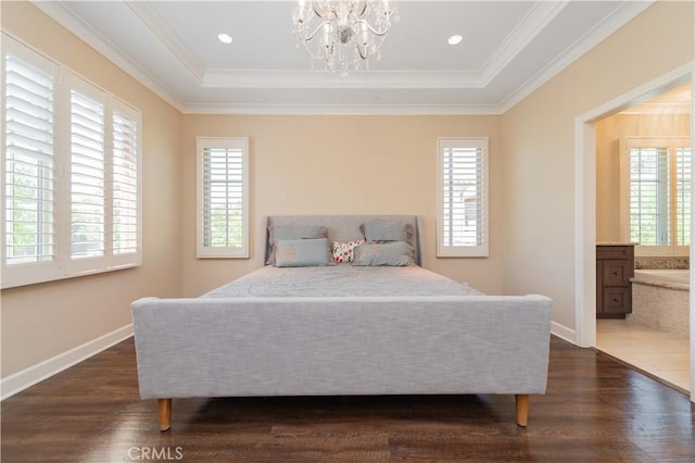 43 Lupari, Irvine, CA 92618 - bedroom with a tray ceiling, a chandelier, dark wood-type flooring, ornamental molding, and baseboards