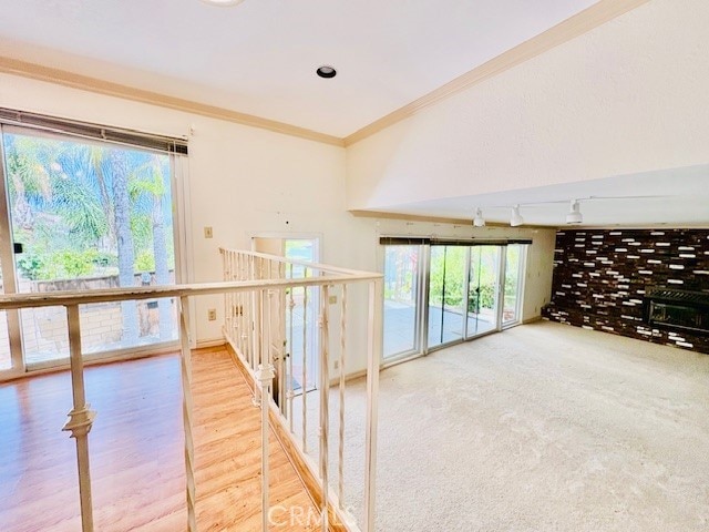 30417 Golden Gate Dr, Canyon Lake, CA 92587 - corridor with track lighting, crown molding, healthy amount of natural light, and wood finished floors