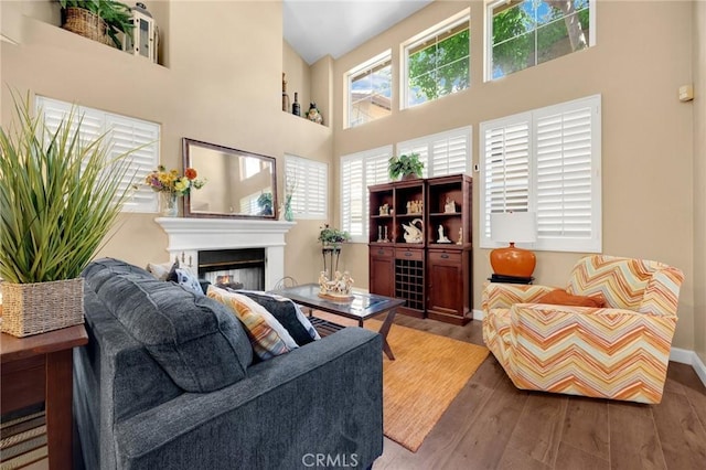 23985 Nicole Way, Yorba Linda, CA 92887 - living room featuring wood finished floors, a glass covered fireplace, a towering ceiling, and baseboards