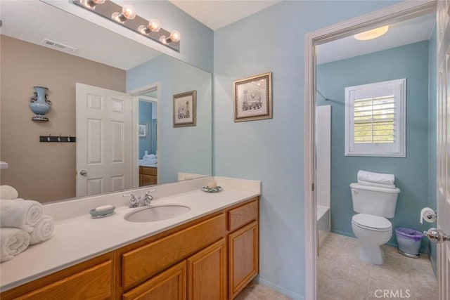 26808 Lemon Grass Way, Murrieta, CA 92562 - bathroom featuring vanity, toilet, shower / bathtub combination, tile patterned floors, and baseboards