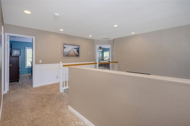 26808 Lemon Grass Way, Murrieta, CA 92562 - hallway with recessed lighting, light carpet, baseboards, and an upstairs landing