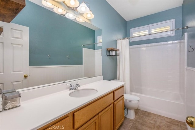 26808 Lemon Grass Way, Murrieta, CA 92562 - full bath featuring toilet, shower / tub combo, vanity, a wainscoted wall, and tile patterned flooring