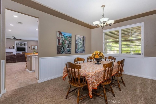 26808 Lemon Grass Way, Murrieta, CA 92562 - dining space with a chandelier, wainscoting, light carpet, ceiling fan, and recessed lighting