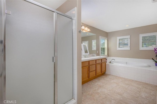 26808 Lemon Grass Way, Murrieta, CA 92562 - full bath featuring vanity, a shower stall, a garden tub, and a chandelier
