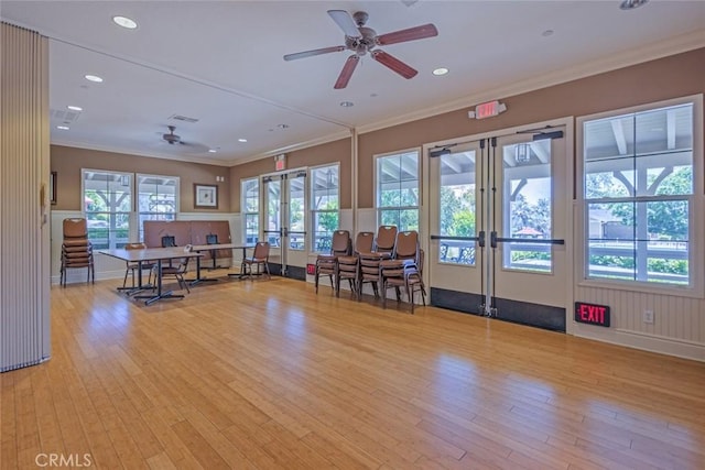 26808 Lemon Grass Way, Murrieta, CA 92562 - interior space with french doors, a ceiling fan, light wood-style floors, crown molding, and recessed lighting