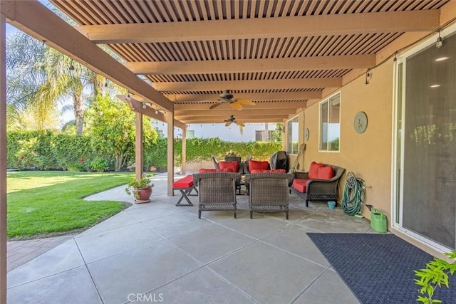 26808 Lemon Grass Way, Murrieta, CA 92562 - view of patio with ceiling fan, outdoor dining area, an outdoor living space, and a pergola