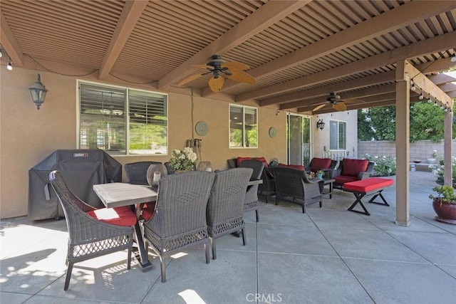 26808 Lemon Grass Way, Murrieta, CA 92562 - view of patio with ceiling fan, an outdoor hangout area, a grill, and outdoor dining area