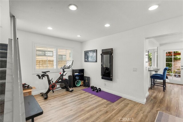 19777 Azure Field Dr, Newhall, CA 91321 - workout area featuring wood finished floors and recessed lighting