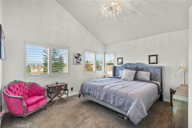 19777 Azure Field Dr, Newhall, CA 91321 - carpeted bedroom featuring high vaulted ceiling, baseboards, and a chandelier