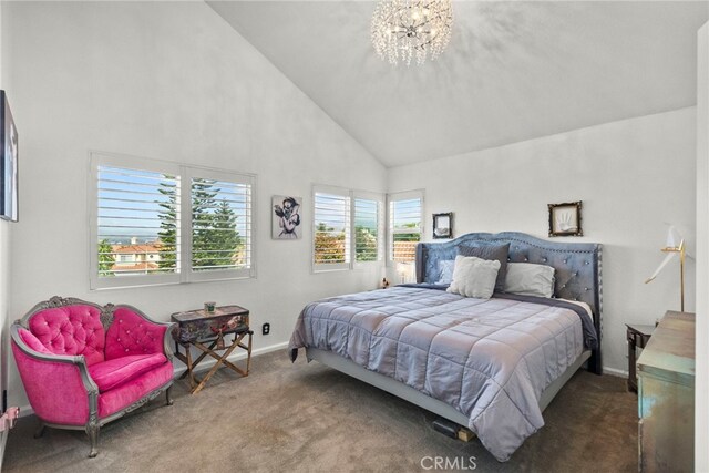 19777 Azure Field Dr, Newhall, CA 91321 - bedroom featuring carpet flooring, high vaulted ceiling, and a chandelier