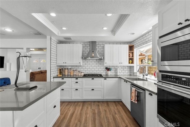 19777 Azure Field Dr, Newhall, CA 91321 - kitchen featuring appliances with stainless steel finishes, wall chimney range hood, a tray ceiling, a sink, and a textured ceiling