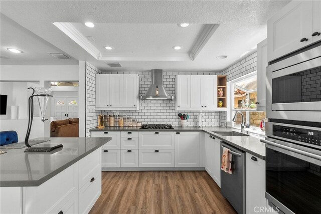 19777 Azure Field Dr, Newhall, CA 91321 - kitchen with appliances with stainless steel finishes, wall chimney range hood, a raised ceiling, wood finished floors, and backsplash