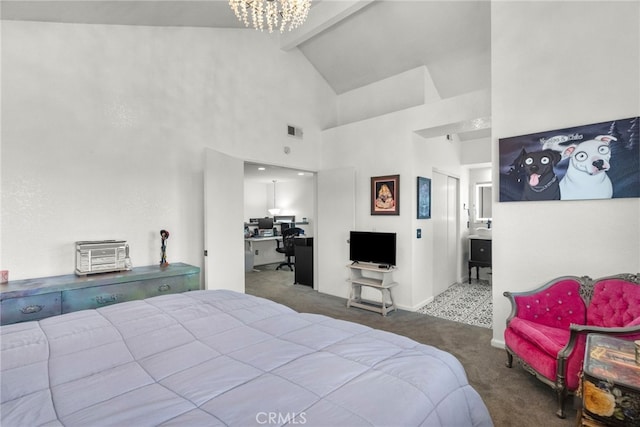 19777 Azure Field Dr, Newhall, CA 91321 - bedroom with carpet flooring, beamed ceiling, a chandelier, a desk, and high vaulted ceiling