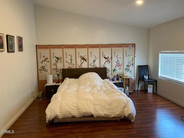 10424 Santa Fe Fire Rd, Lucerne Valley, CA 92356 - bedroom with wood finished floors, baseboards, recessed lighting, and high vaulted ceiling