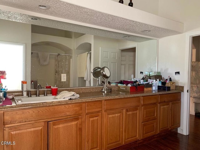 10424 Santa Fe Fire Rd, Lucerne Valley, CA 92356 - full bath featuring double vanity, wood finished floors, and curtained shower