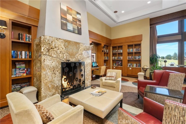 1824 Nathan Way, Nipomo, CA 93444 - living room with built in features, a high end fireplace, recessed lighting, and a towering ceiling