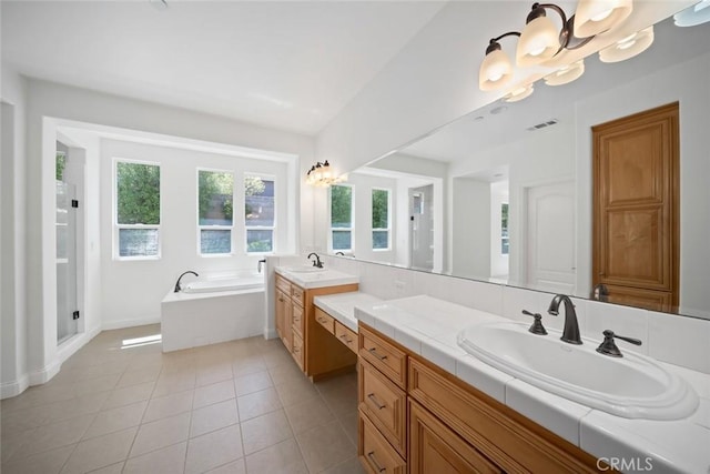 1824 Nathan Way, Nipomo, CA 93444 - bathroom with a chandelier, vanity, a bath, tile patterned floors, and a shower stall