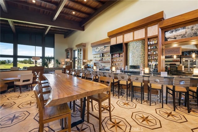 1824 Nathan Way, Nipomo, CA 93444 - dining space featuring wooden ceiling with exposed beams, a towering ceiling, and tile patterned floors