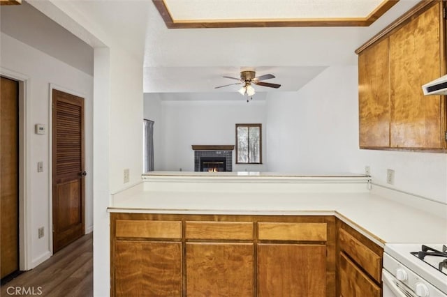 10710 El Camino Real Unit 17, Atascadero, CA 93422 - kitchen featuring a ceiling fan, light countertops, and brown cabinetry