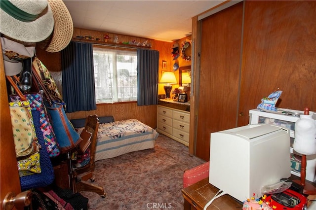 31510 Overhill Dr, Running Springs, CA 92382 - carpeted bedroom featuring wooden walls