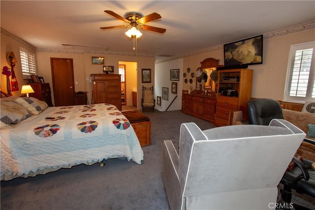 31510 Overhill Dr, Running Springs, CA 92382 - carpeted bedroom featuring attic access and ceiling fan