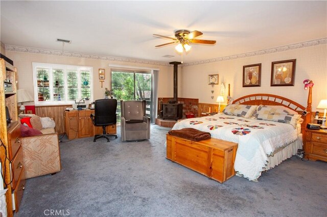 31510 Overhill Dr, Running Springs, CA 92382 - bedroom featuring carpet floors, a wainscoted wall, a wood stove, wallpapered walls, and an office area