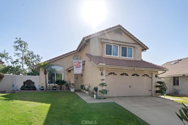 29159 Palm View Ln, Highland, CA 92346 - mediterranean / spanish house with an attached garage, stucco siding, concrete driveway, and a tiled roof