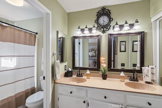 29159 Palm View Ln, Highland, CA 92346 - bathroom with double vanity, toilet, and a shower with curtain