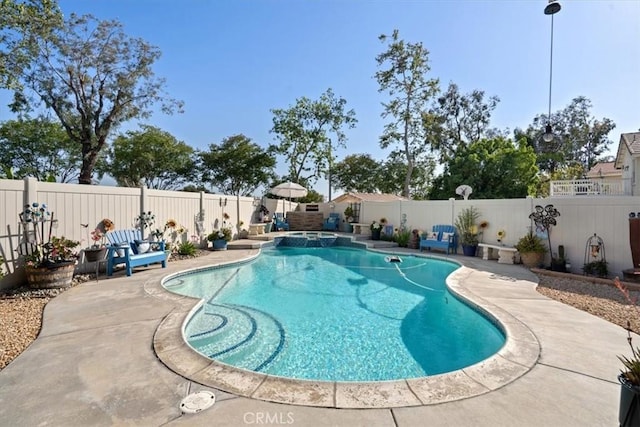 29159 Palm View Ln, Highland, CA 92346 - view of pool featuring a fenced backyard, a patio area, and a pool with connected hot tub
