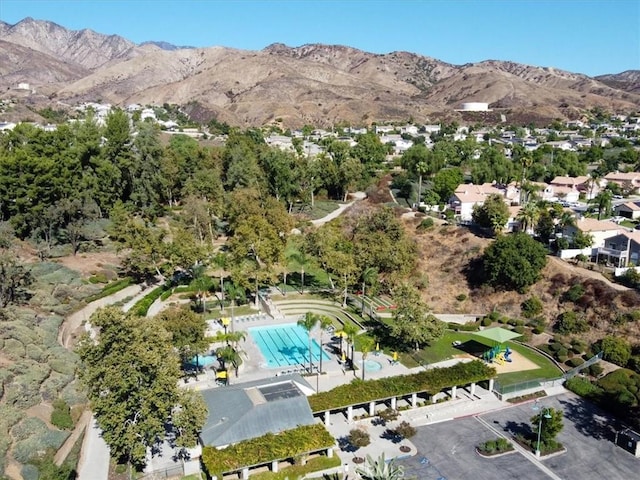 29159 Palm View Ln, Highland, CA 92346 - aerial view of property's location featuring a pool and a mountain backdrop